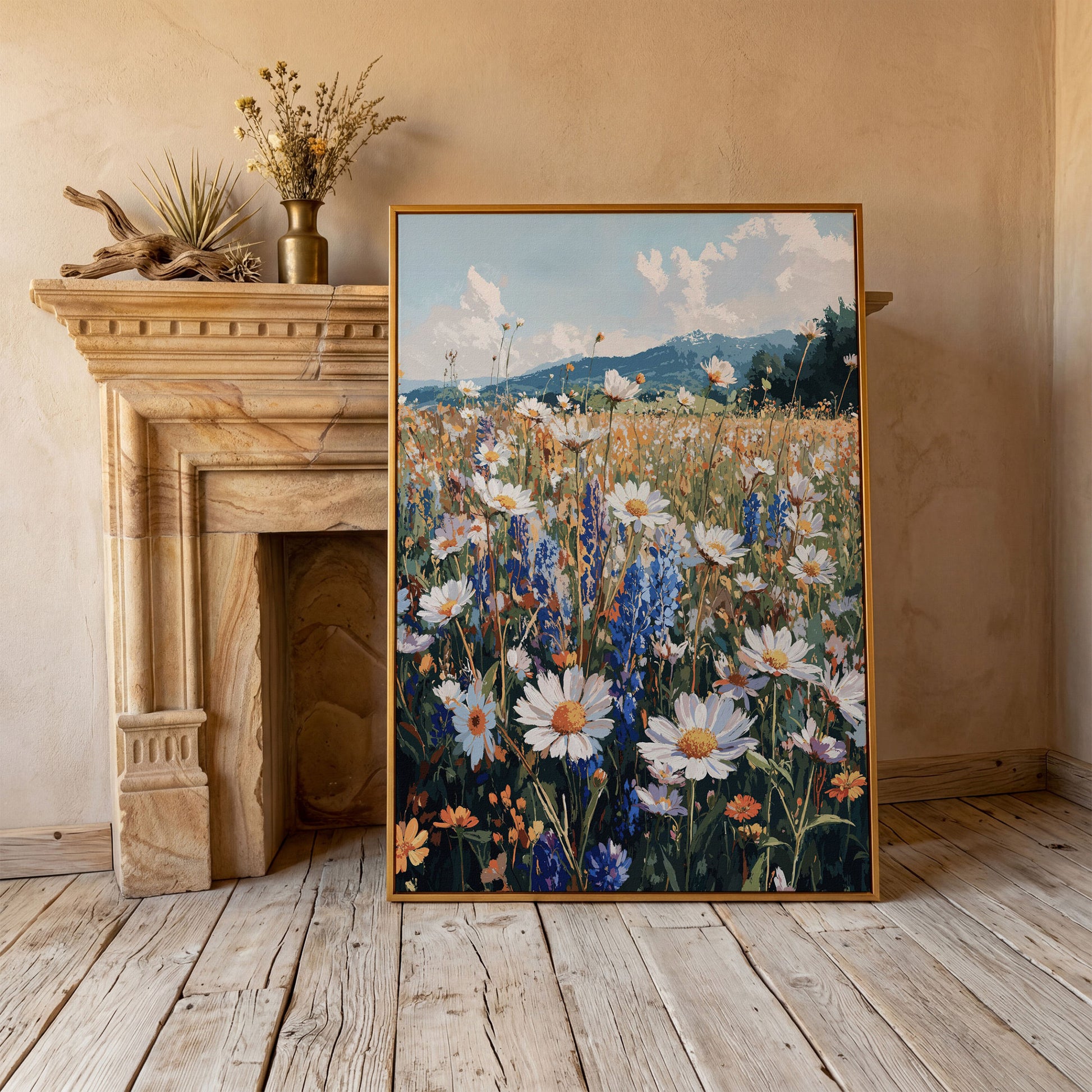 Wildflower Field with Mountains Canvas Print in antique gold floating frame