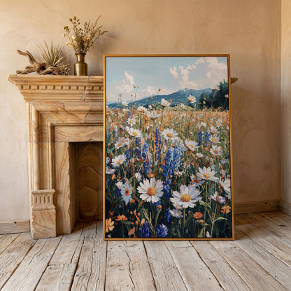 Wildflower Field with Mountains Canvas Print in antique gold floating frame