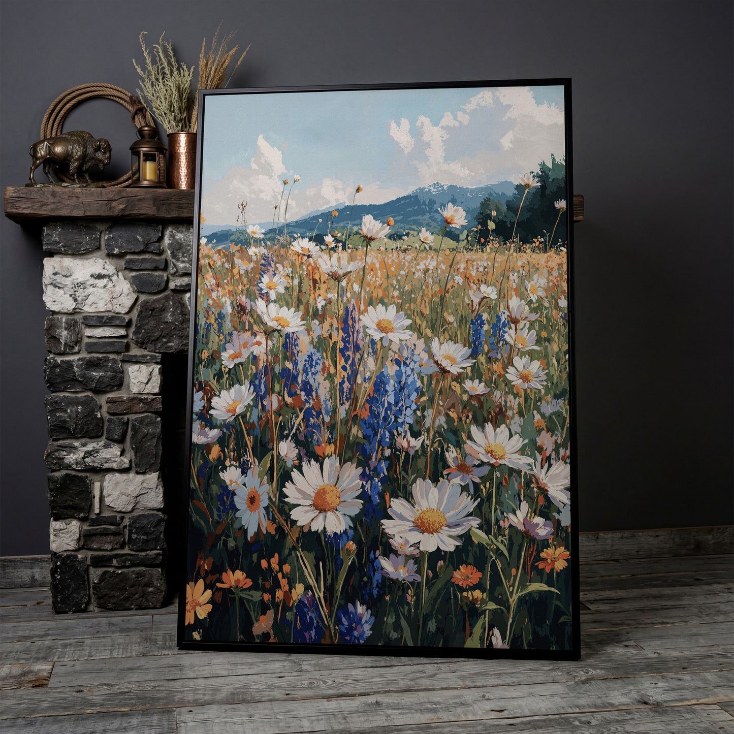 Wildflower Field with Mountains Canvas Print in black floating frame