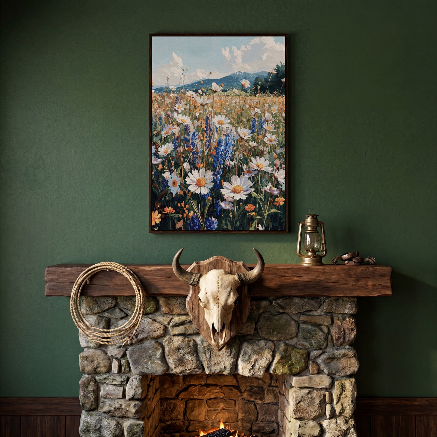 Wildflower Field with Mountains Canvas Print in dark walnut floating frame