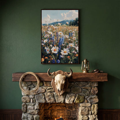 Wildflower Field with Mountains Canvas Print in dark walnut floating frame