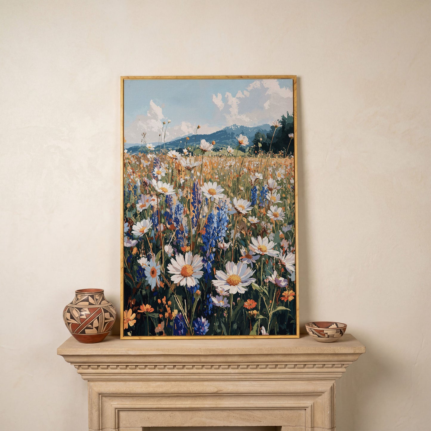 Wildflower Field with Mountains Canvas Print in white oak floating frame