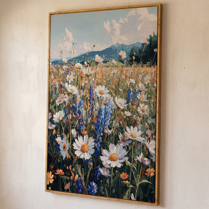 Wildflower Field with Mountains Canvas Print shown in white oak floating frame