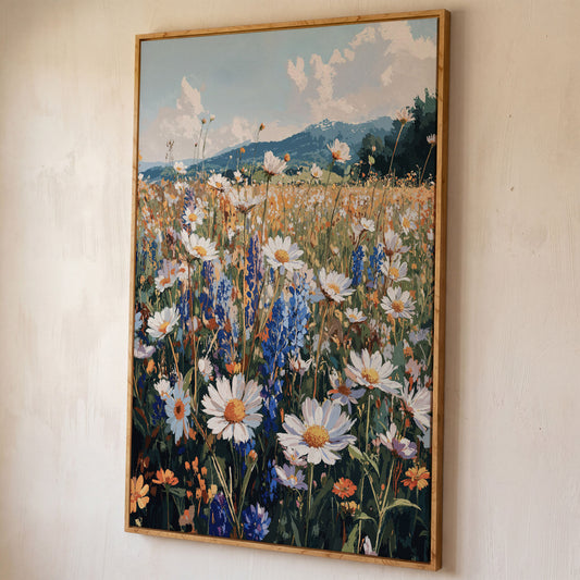 Wildflower Field with Mountains Canvas Print shown in white oak floating frame