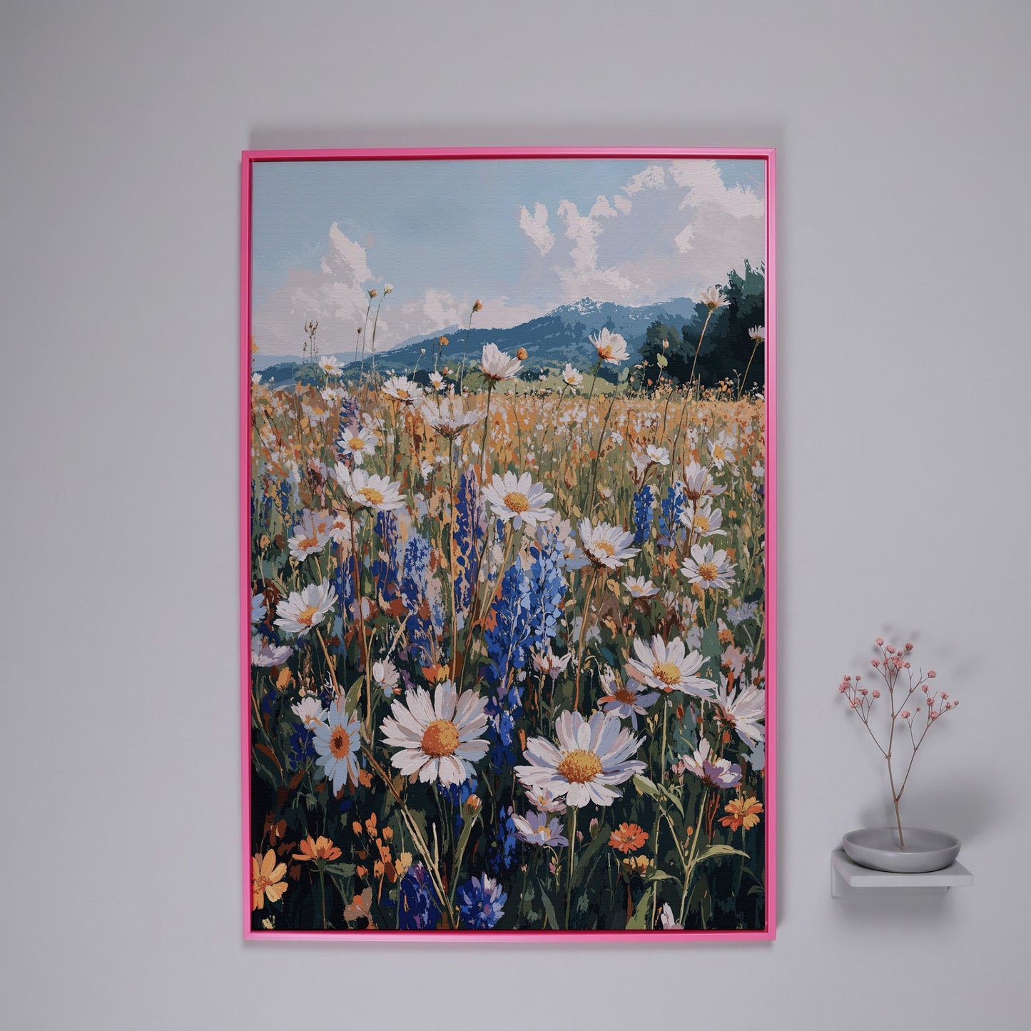 Wildflower Field with Mountains Canvas Print in pink floating frame