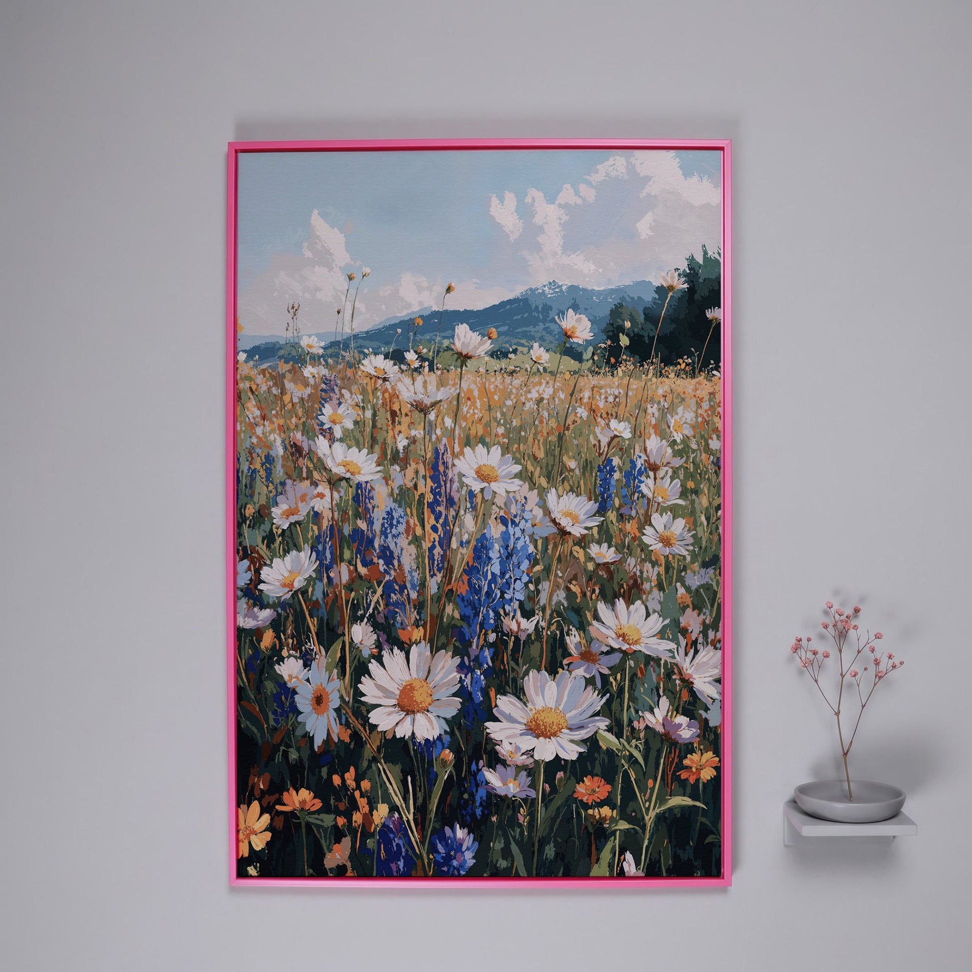 Wildflower Field with Mountains Canvas Print in pink floating frame