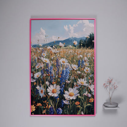 Wildflower Field with Mountains Canvas Print in pink floating frame