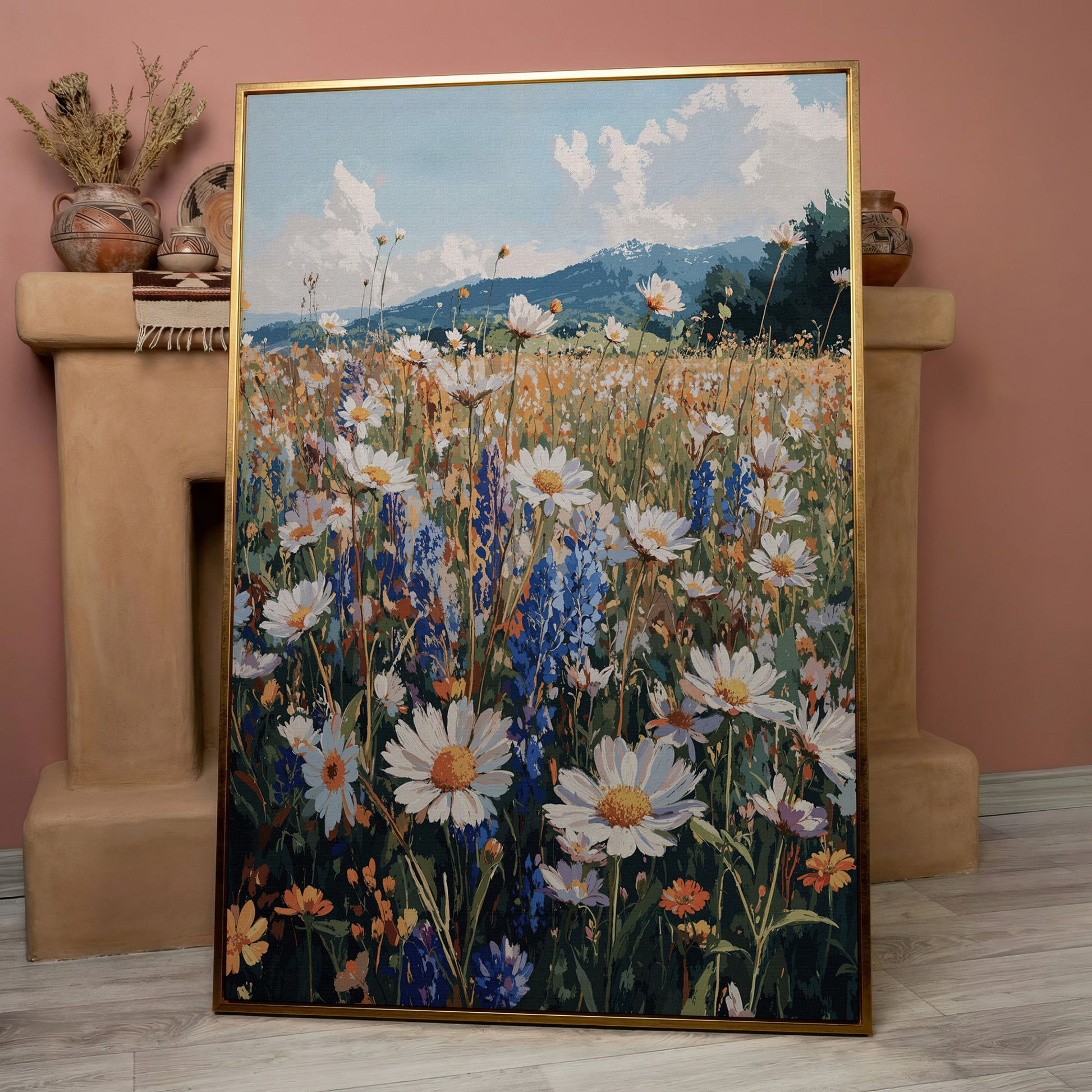 Wildflower Field with Mountains Canvas Print in rose gold floating frame