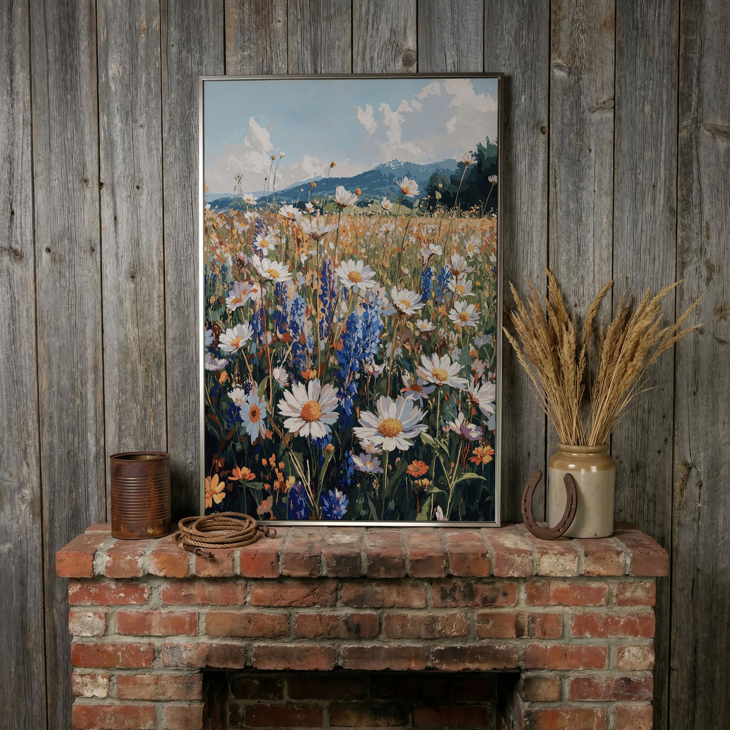 Wildflower Field with Mountains Canvas Print in silver floating frame