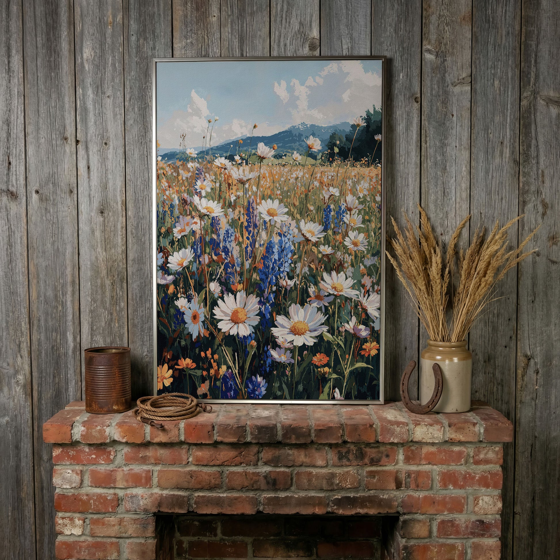 Wildflower Field with Mountains Canvas Print in silver floating frame