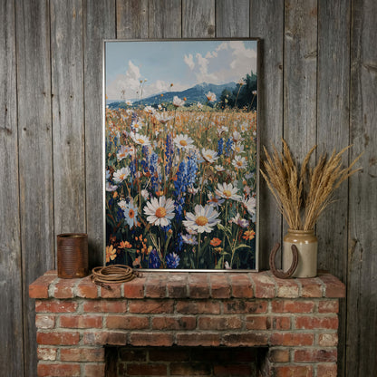 Wildflower Field with Mountains Canvas Print in silver floating frame