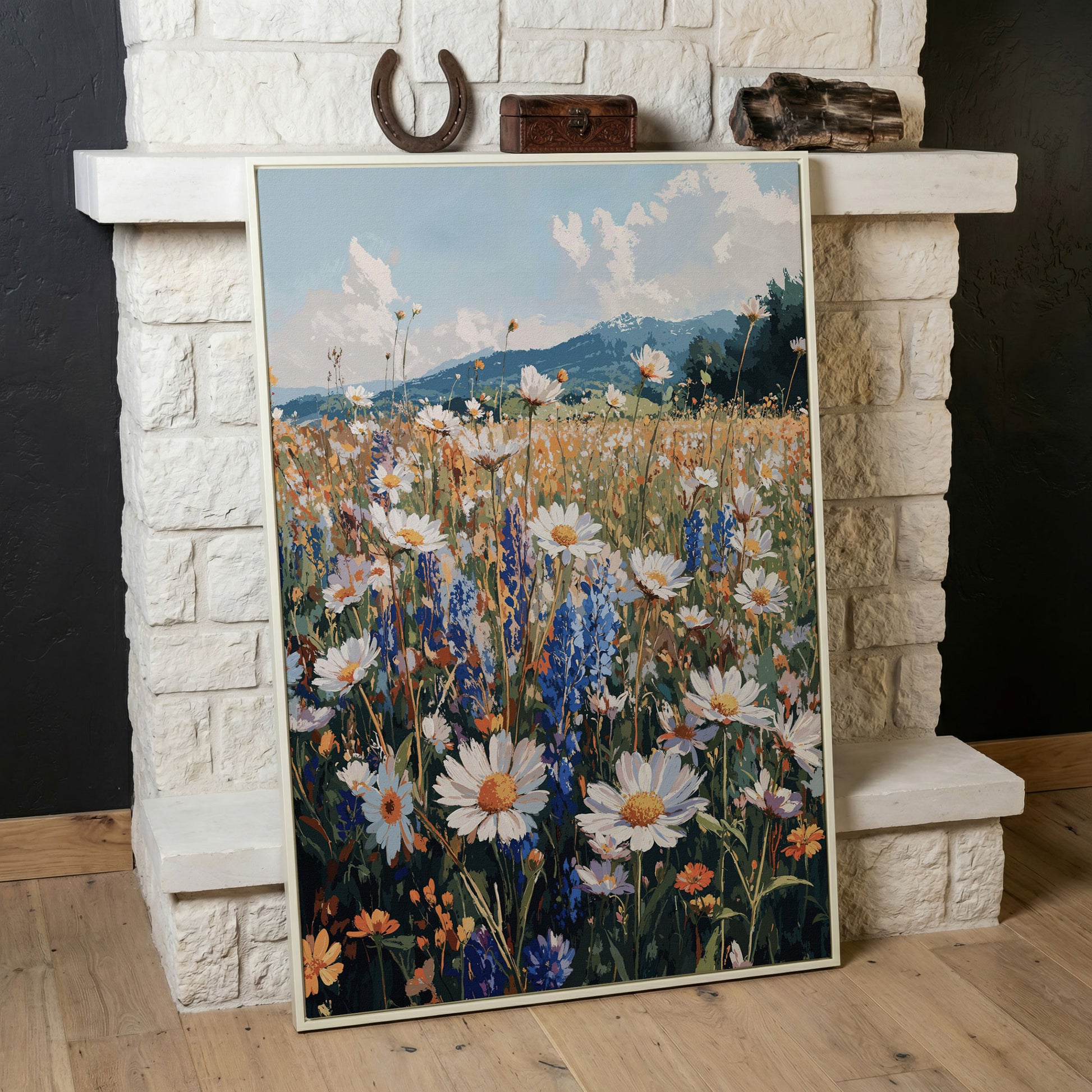 Wildflower Field with Mountains Canvas Print in white floating frame