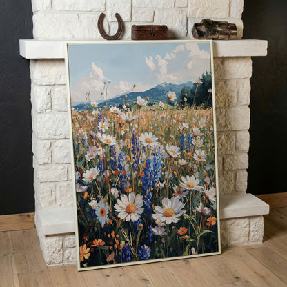 Wildflower Field with Mountains Canvas Print in white floating frame