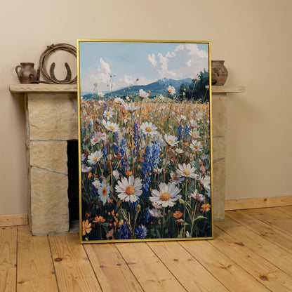 Wildflower Field with Mountains Canvas Print in yellow gold floating frame