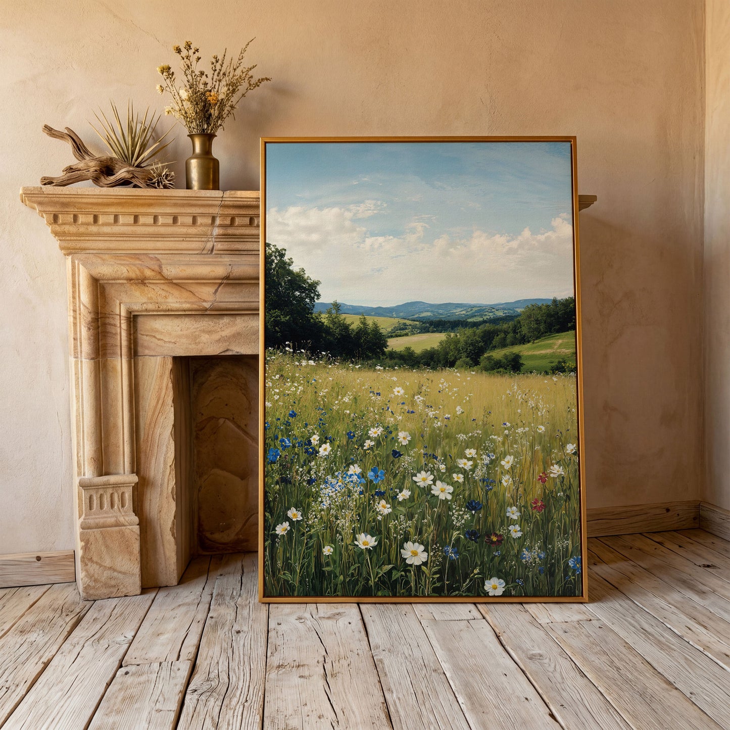 Wildflower Meadow Canvas Print with Rolling Hills in antique gold floating frame