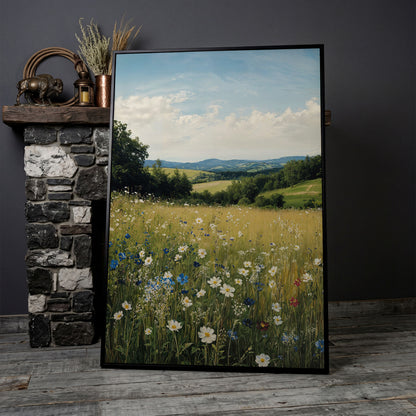 Wildflower Meadow Canvas Print with Rolling Hills in black floating frame