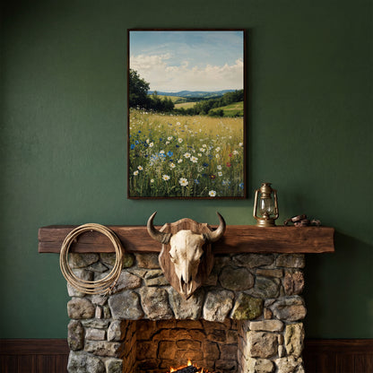 Wildflower Meadow Canvas Print with Rolling Hills in dark walnut floating frame