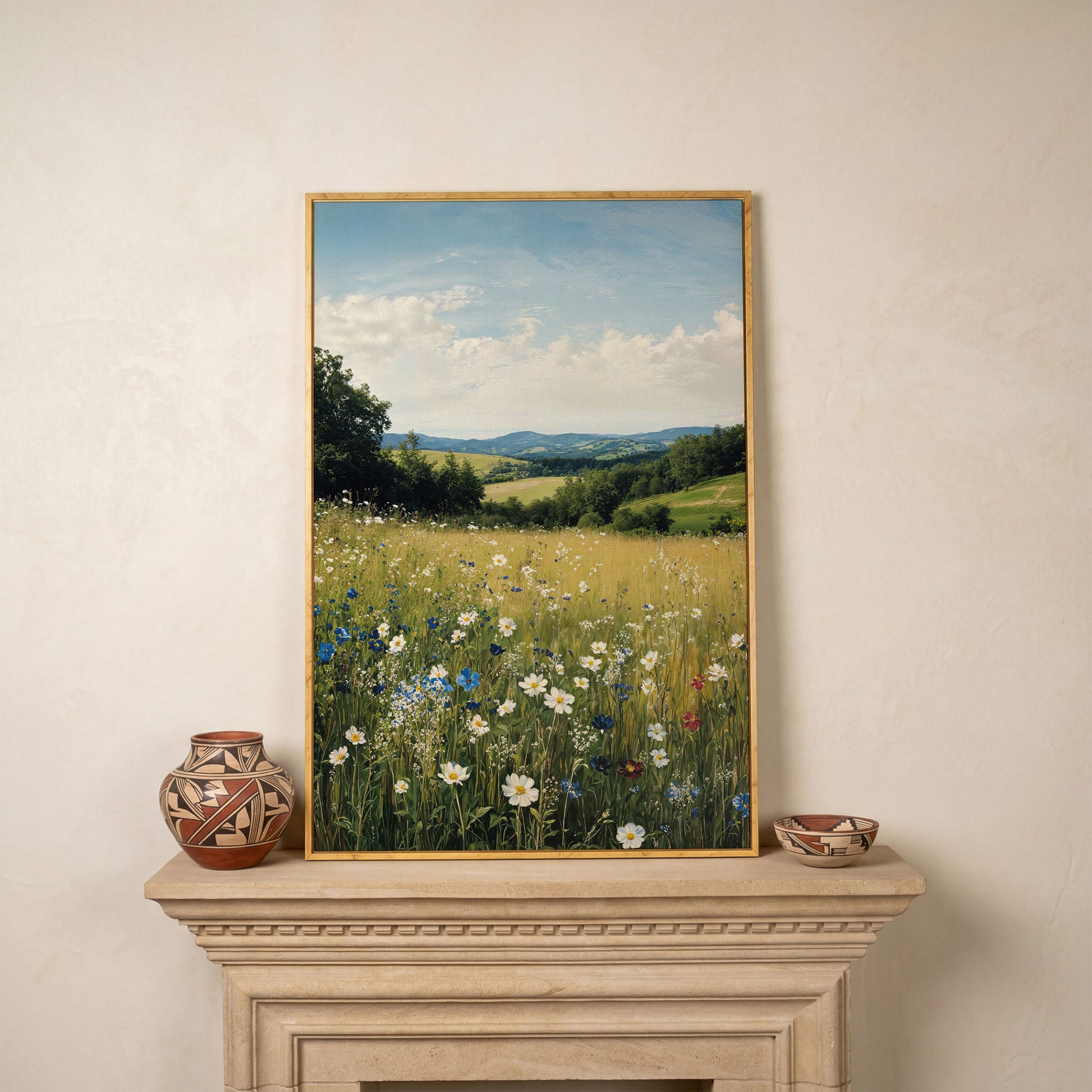 Wildflower Meadow Canvas Print with Rolling Hills in white oak floating frame