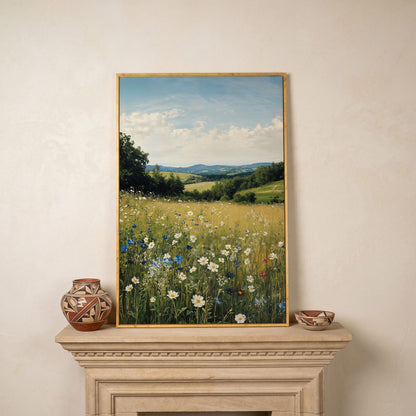 Wildflower Meadow Canvas Print with Rolling Hills in white oak floating frame