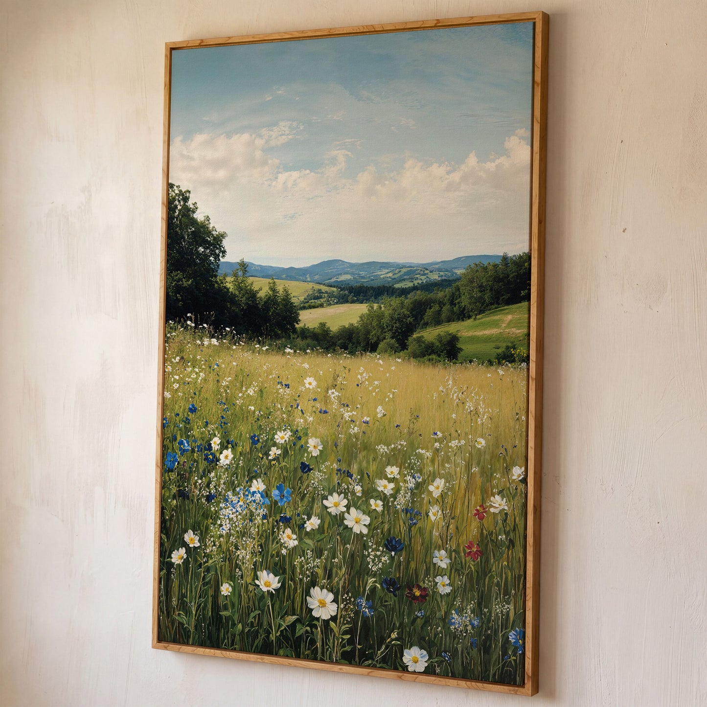 Wildflower Meadow Canvas Print with Rolling Hills shown in white oak floating frame