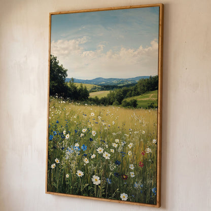 Wildflower Meadow Canvas Print with Rolling Hills shown in white oak floating frame