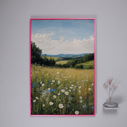 Wildflower Meadow Canvas Print with Rolling Hills in pink floating frame