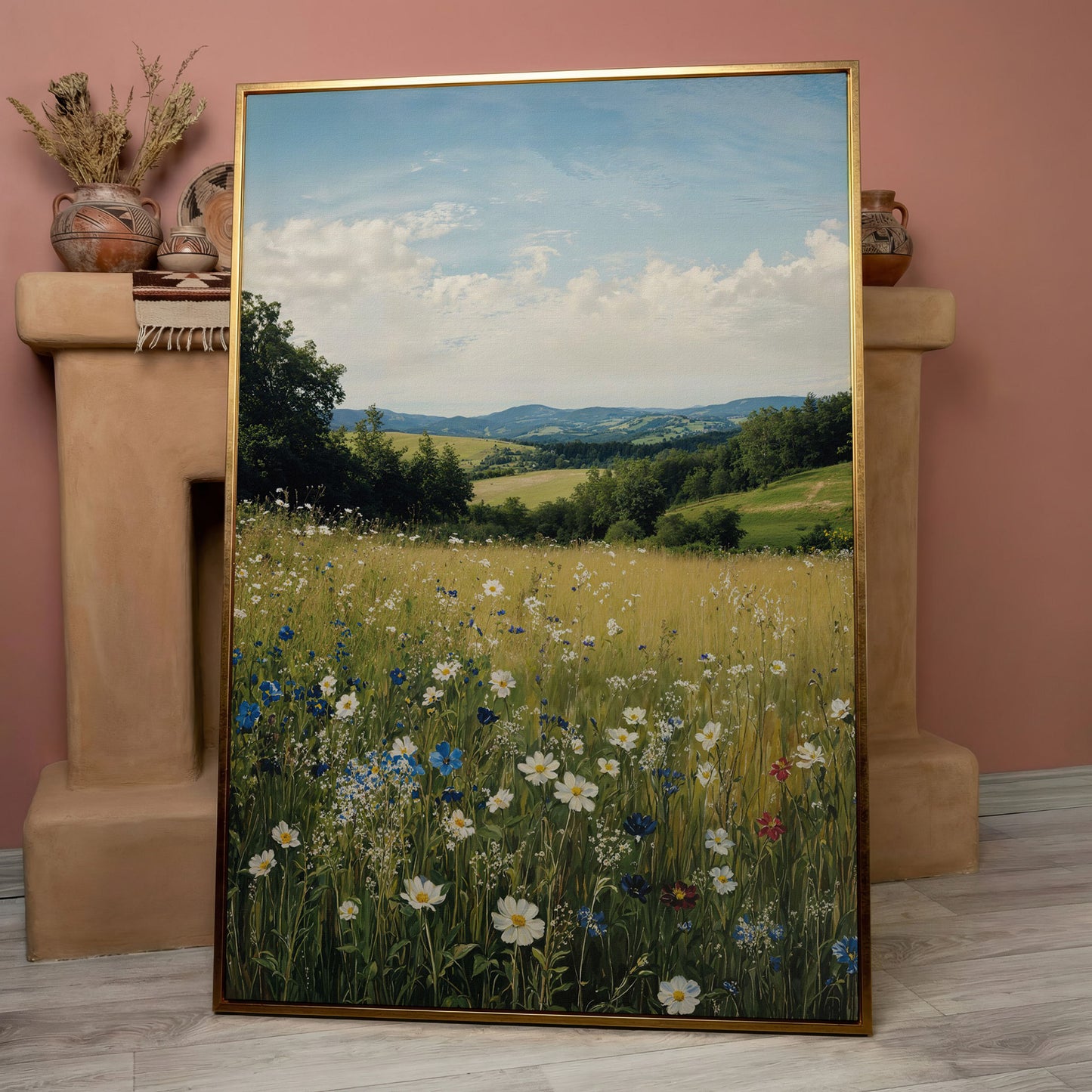 Wildflower Meadow Canvas Print with Rolling Hills in rose gold floating frame