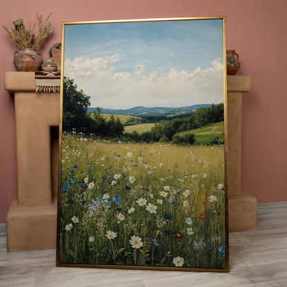 Wildflower Meadow Canvas Print with Rolling Hills in rose gold floating frame
