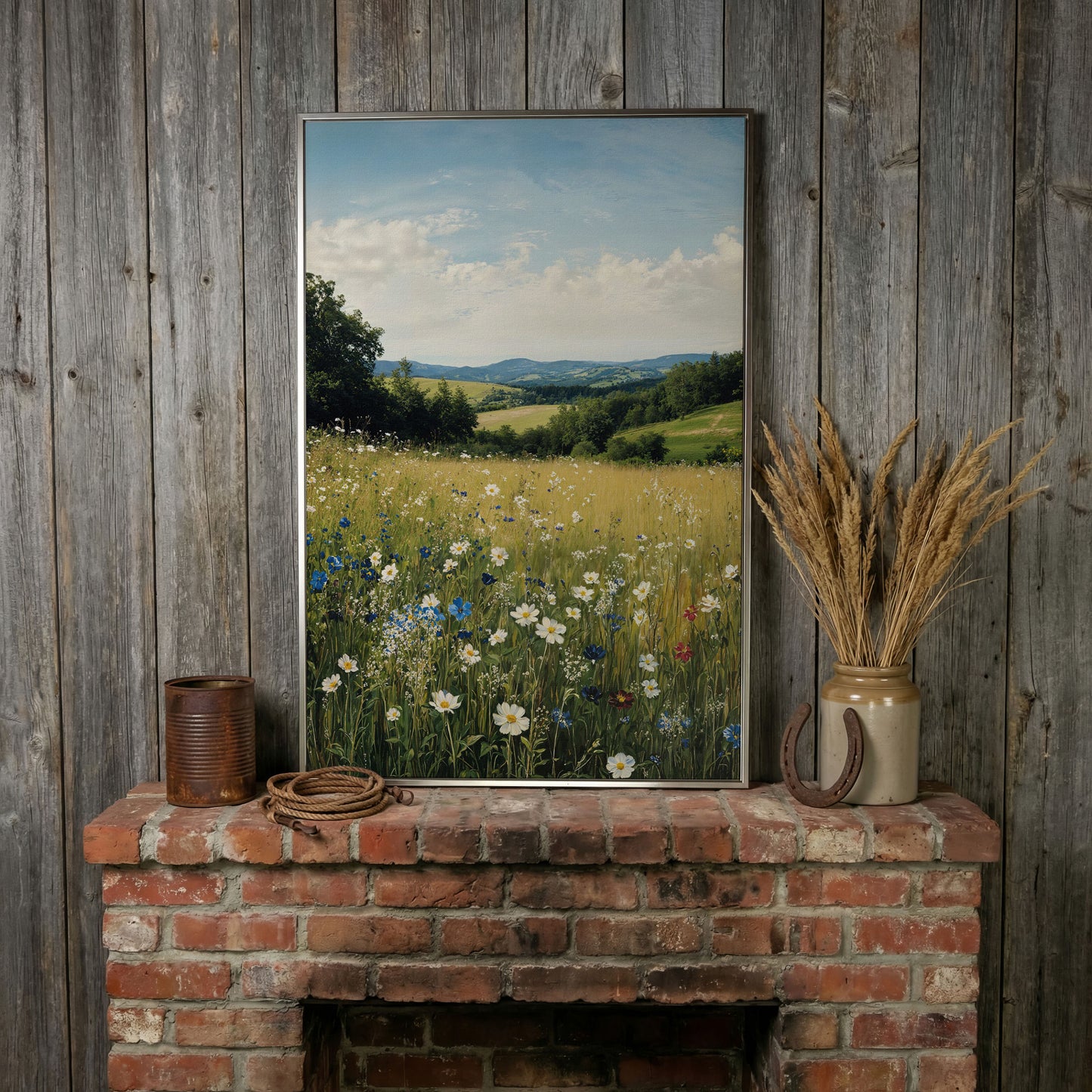 Wildflower Meadow Canvas Print with Rolling Hills in silver floating frame