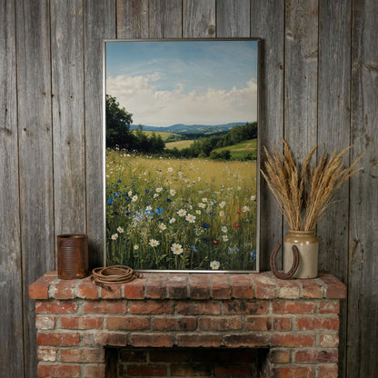 Wildflower Meadow Canvas Print with Rolling Hills in silver floating frame