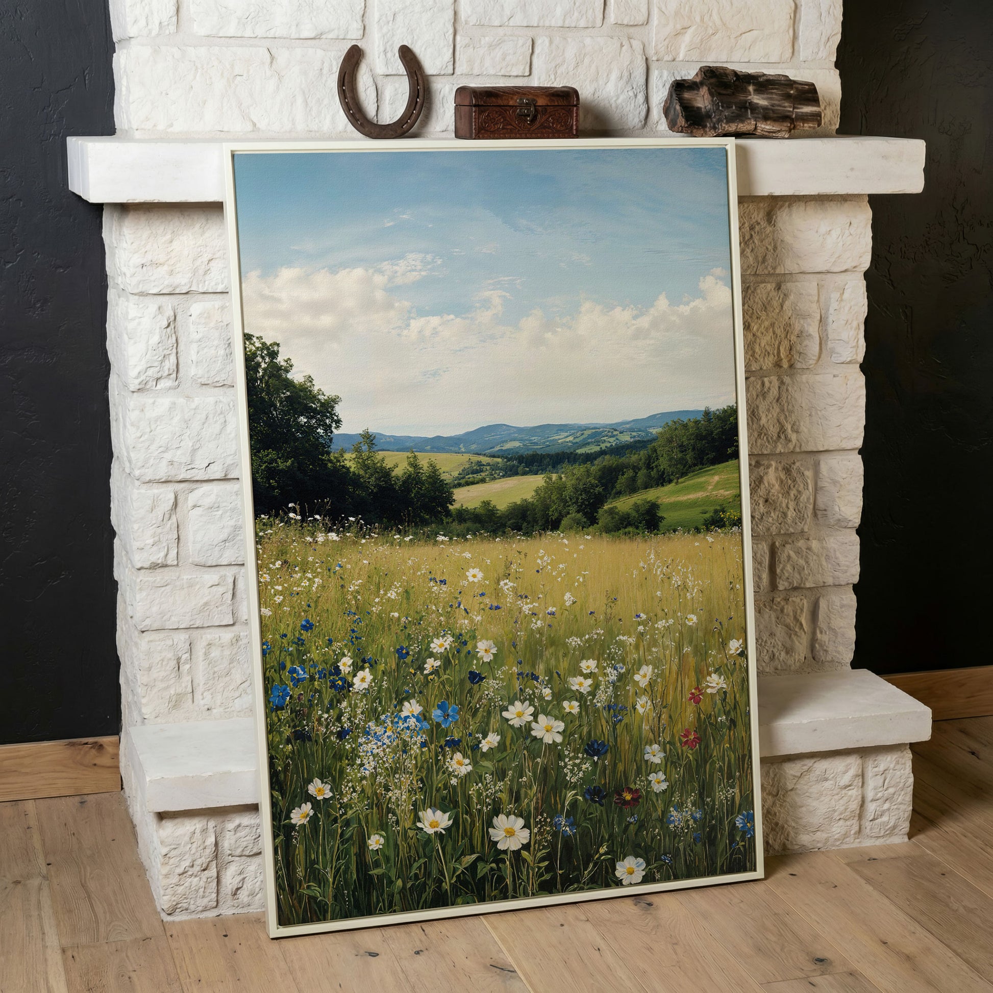 Wildflower Meadow Canvas Print with Rolling Hills in white floating frame
