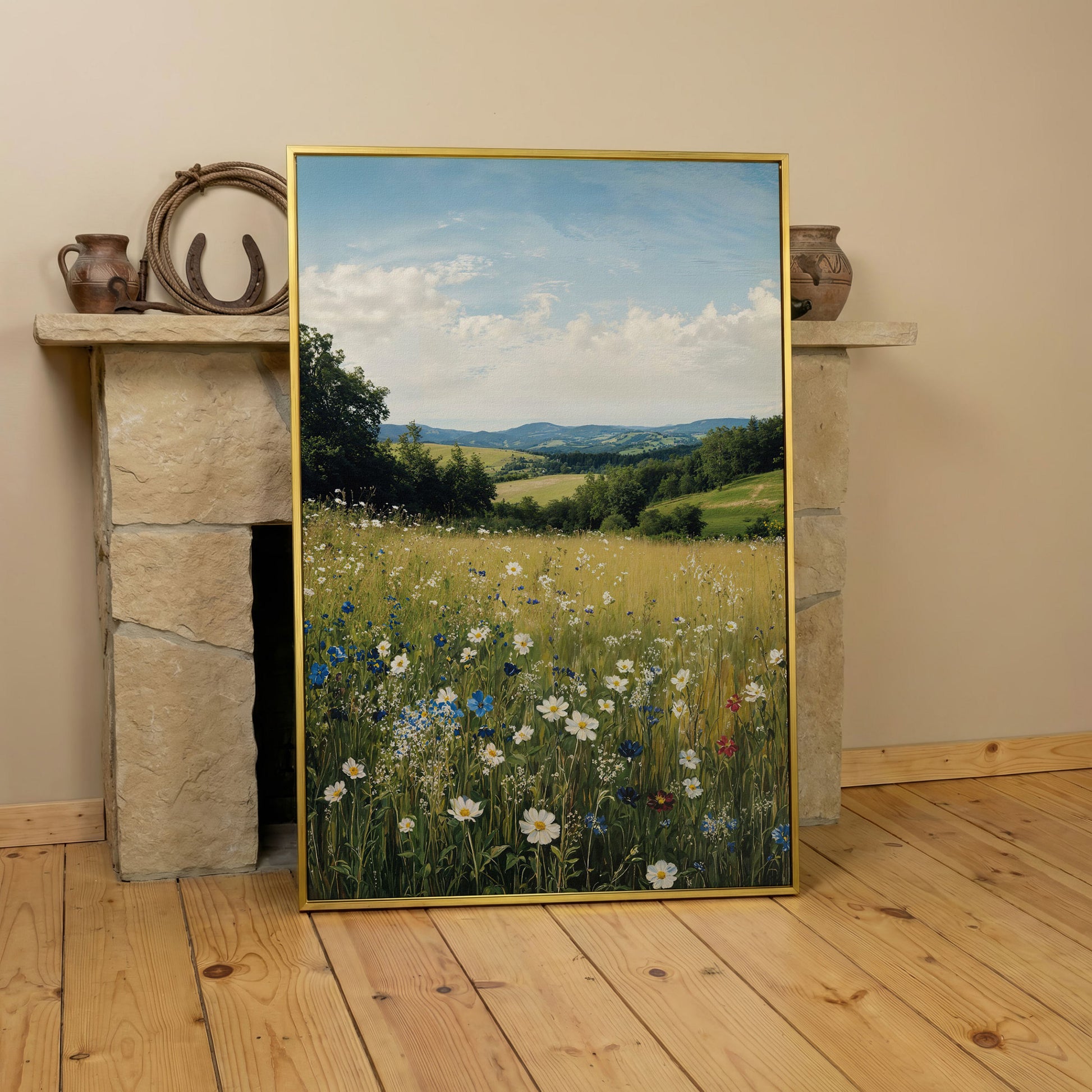 Wildflower Meadow Canvas Print with Rolling Hills in yellow gold floating frame