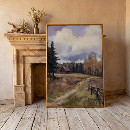 Tranquil Cottage Landscape Canvas Print in antique gold floating frame