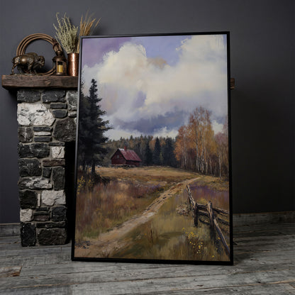 Tranquil Cottage Landscape Canvas Print in black floating frame