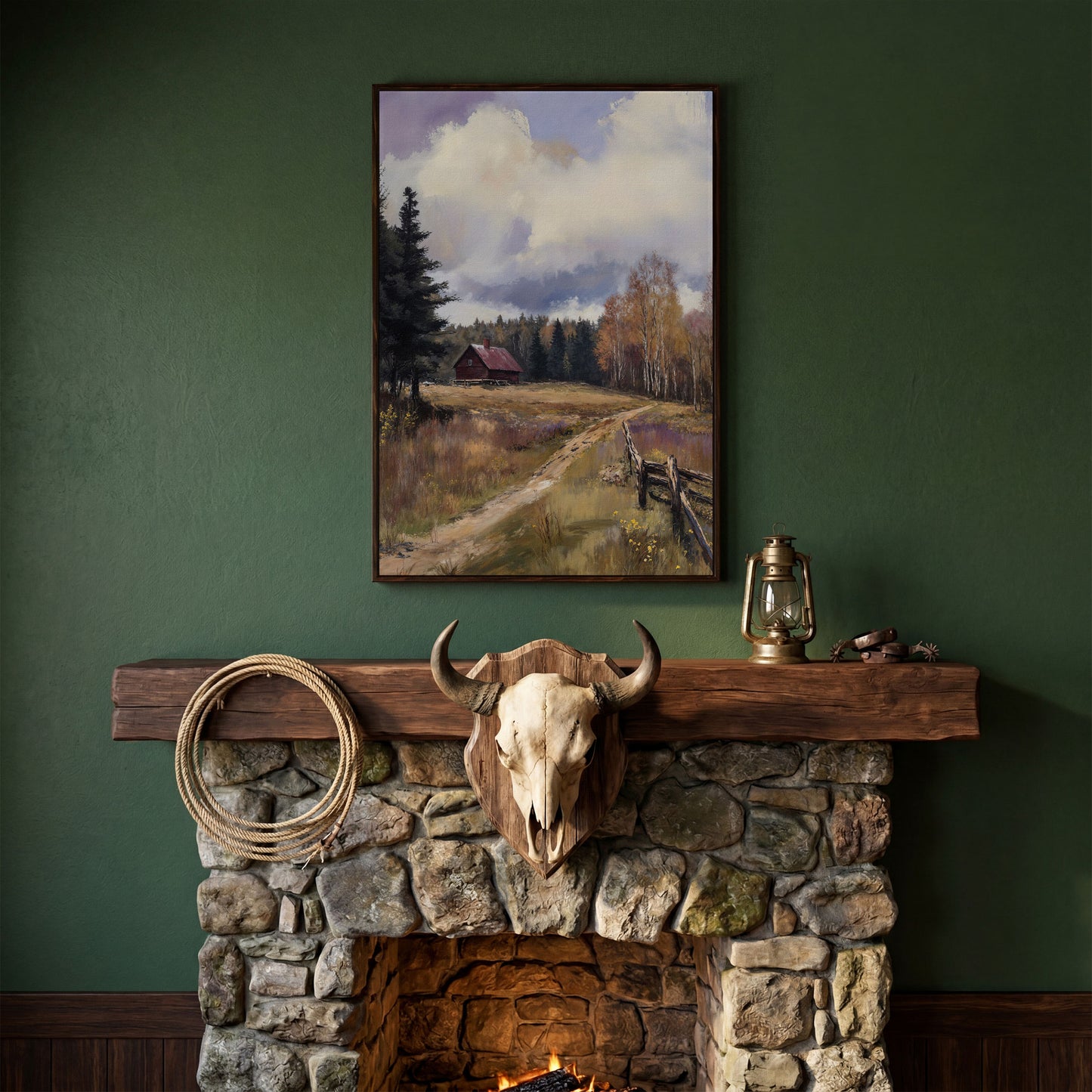 Tranquil Cottage Landscape Canvas Print in dark walnut floating frame