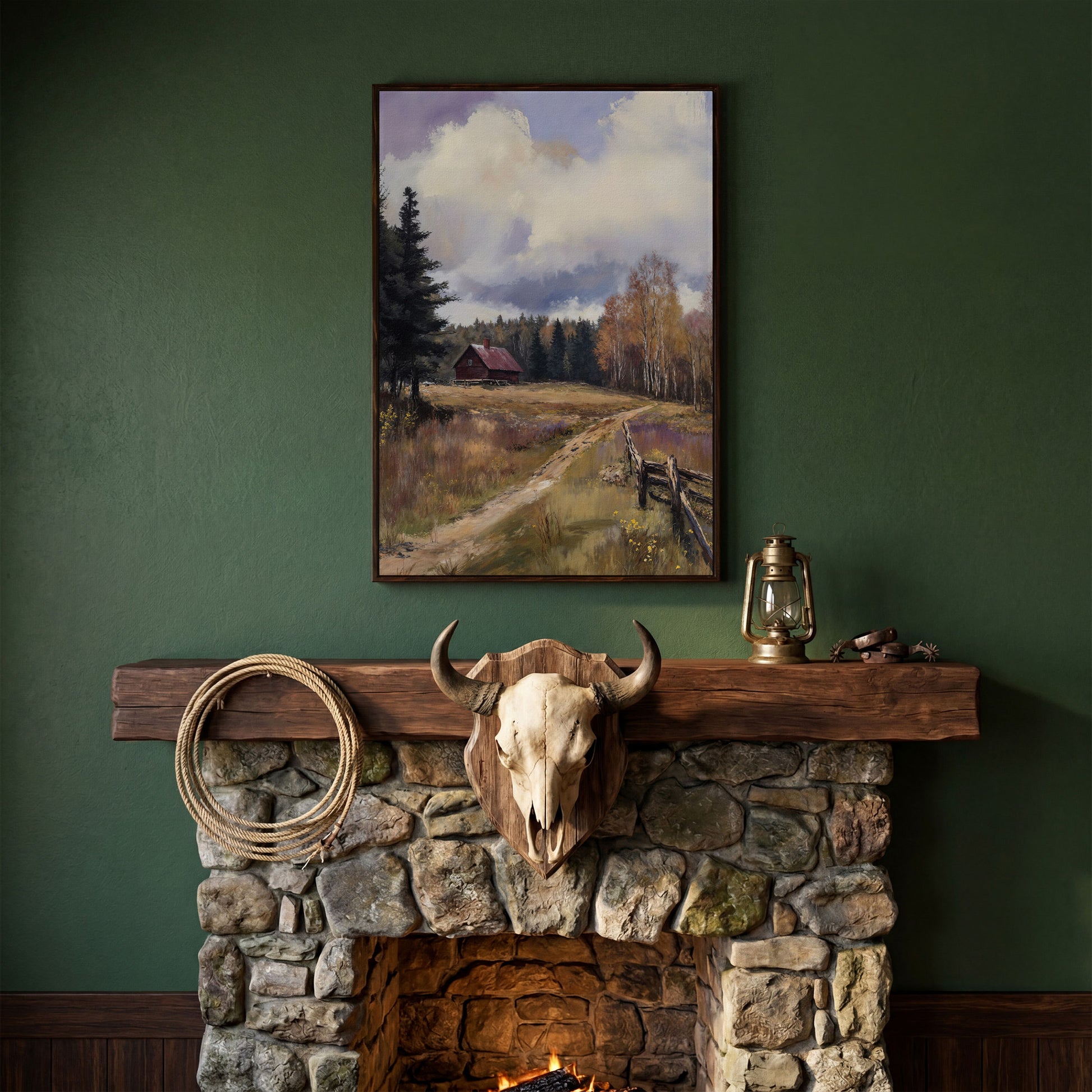 Tranquil Cottage Landscape Canvas Print in dark walnut floating frame