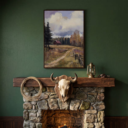 Tranquil Cottage Landscape Canvas Print in dark walnut floating frame