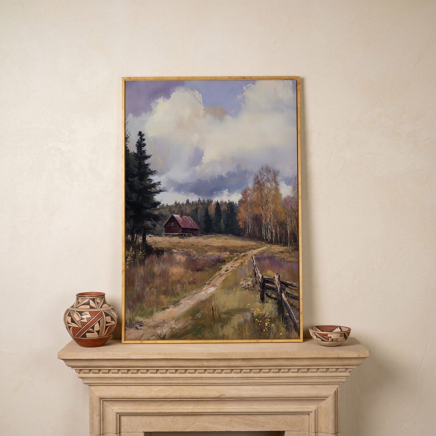 Tranquil Cottage Landscape Canvas Print in white oak floating frame