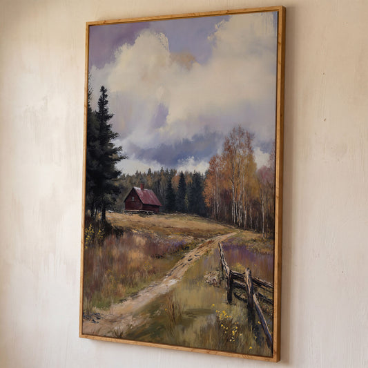 Tranquil Cottage Landscape Canvas Print shown in white oak floating frame