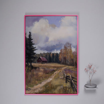 Tranquil Cottage Landscape Canvas Print in pink floating frame
