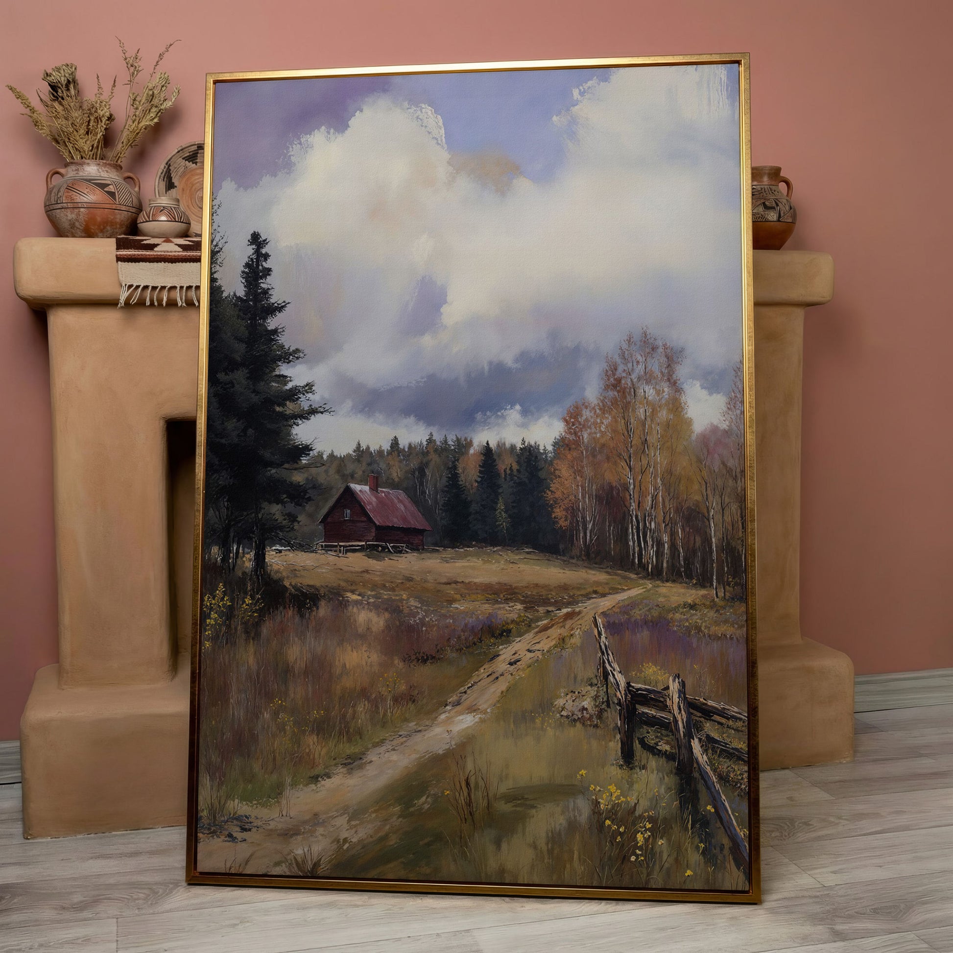 Tranquil Cottage Landscape Canvas Print in rose gold floating frame