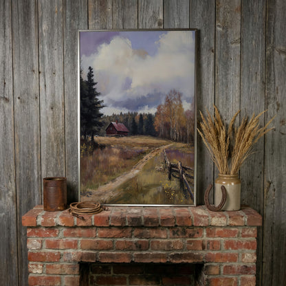 Tranquil Cottage Landscape Canvas Print in silver floating frame