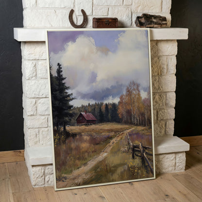 Tranquil Cottage Landscape Canvas Print in white floating frame