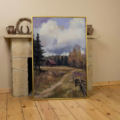 Tranquil Cottage Landscape Canvas Print in yellow gold floating frame