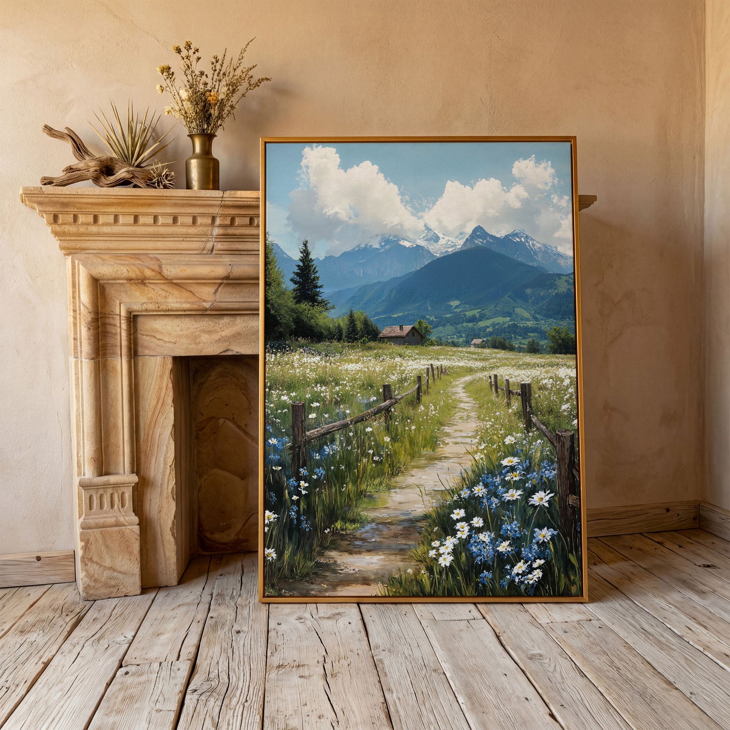 Wildflower Path and Cottage Canvas in antique gold floating frame