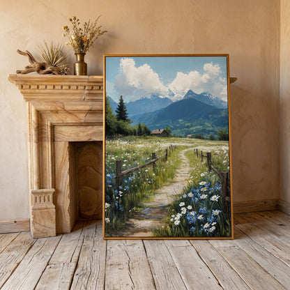 Wildflower Path and Cottage Canvas in antique gold floating frame