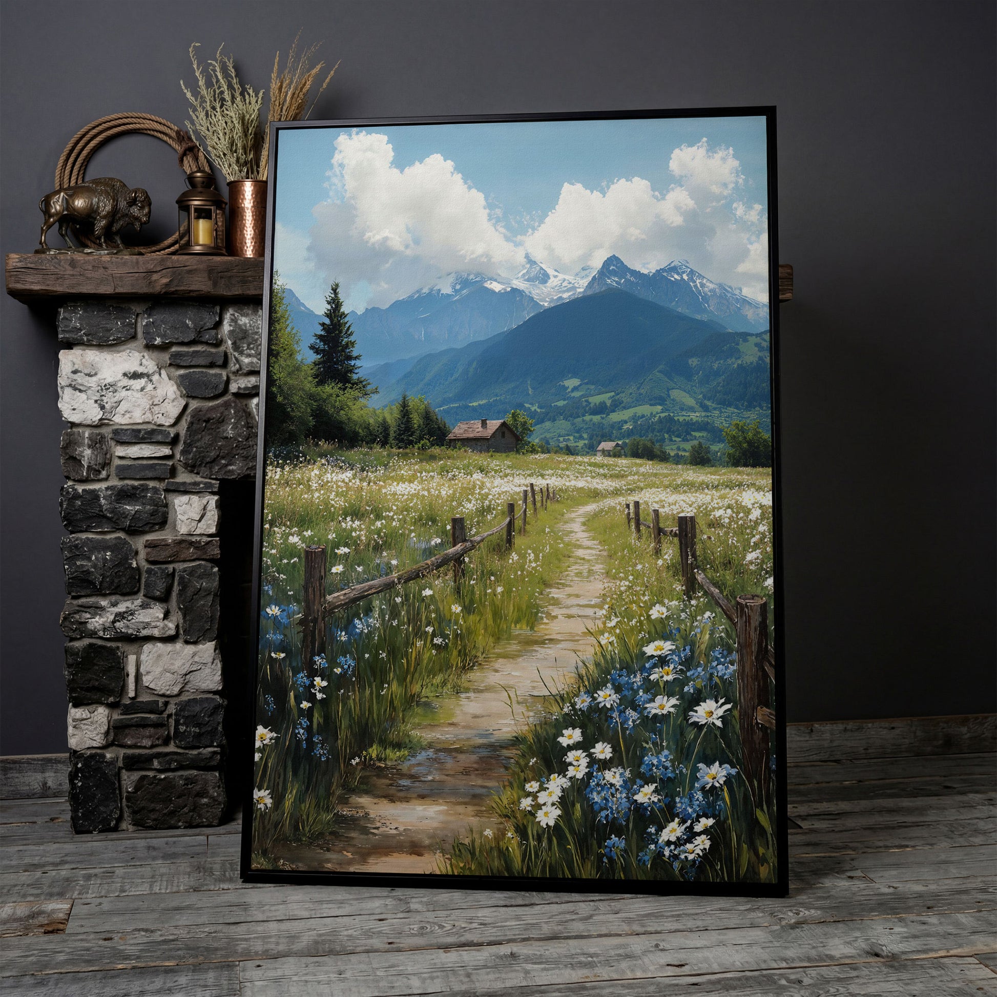 Wildflower Path and Cottage Canvas in black floating frame