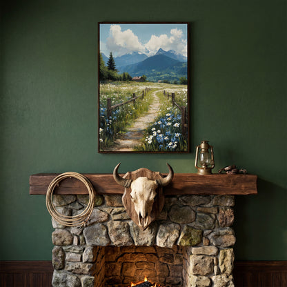 Wildflower Path and Cottage Canvas in dark walnut floating frame