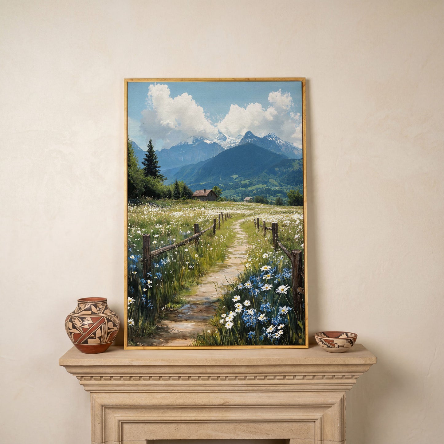 Wildflower Path and Cottage Canvas in white oak floating frame