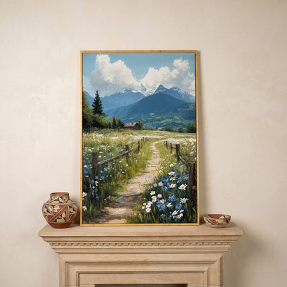 Wildflower Path and Cottage Canvas in white oak floating frame